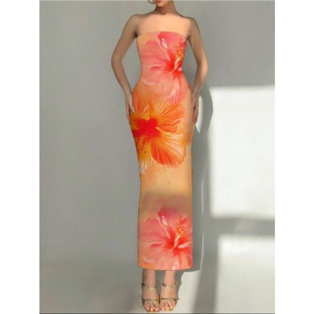 Tropical Flower Print Bodycon Tube Dress